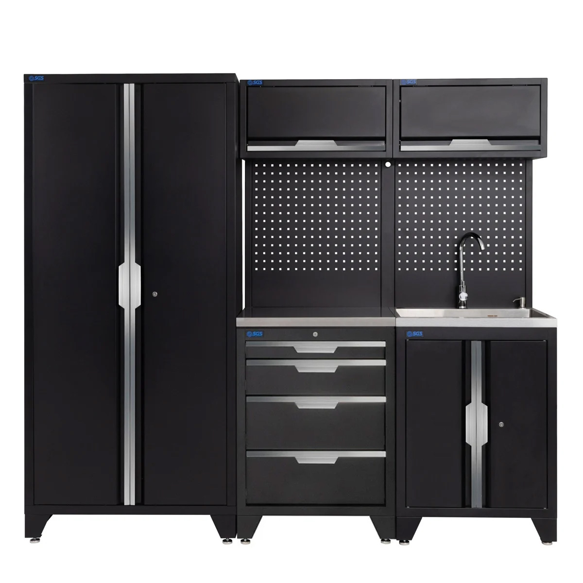 SGS 7pc Garage Storage System | 4 Drawers | Stainless Steel Worktop | Sink Unit | 2x Upper Cabinets | Tall Double Cabinet